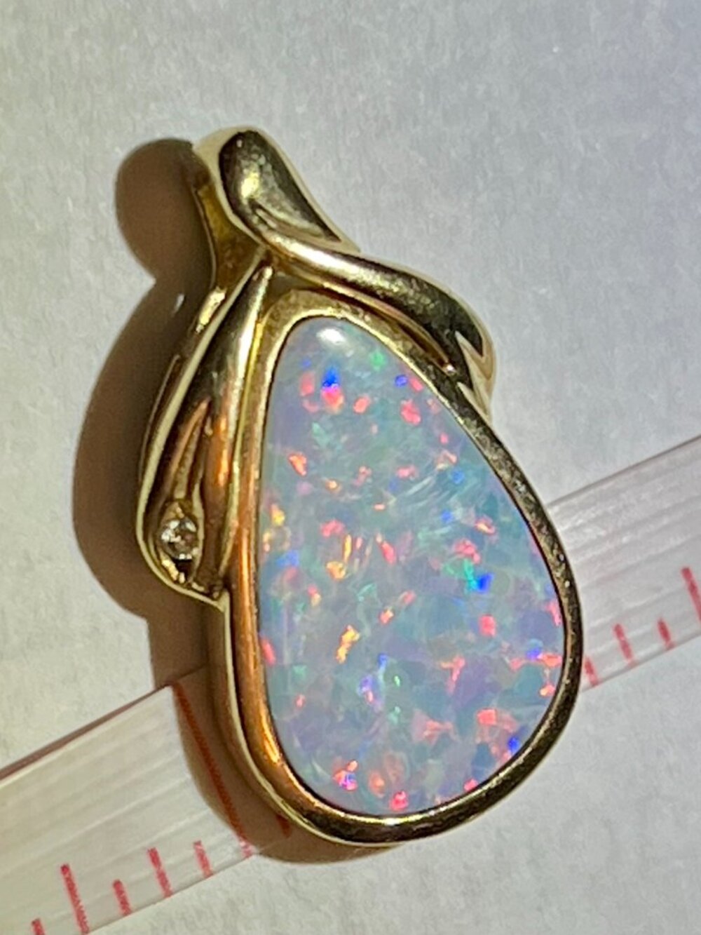14K Yellow Gold Australian Opal Pendant/ w Real Diamond Accent